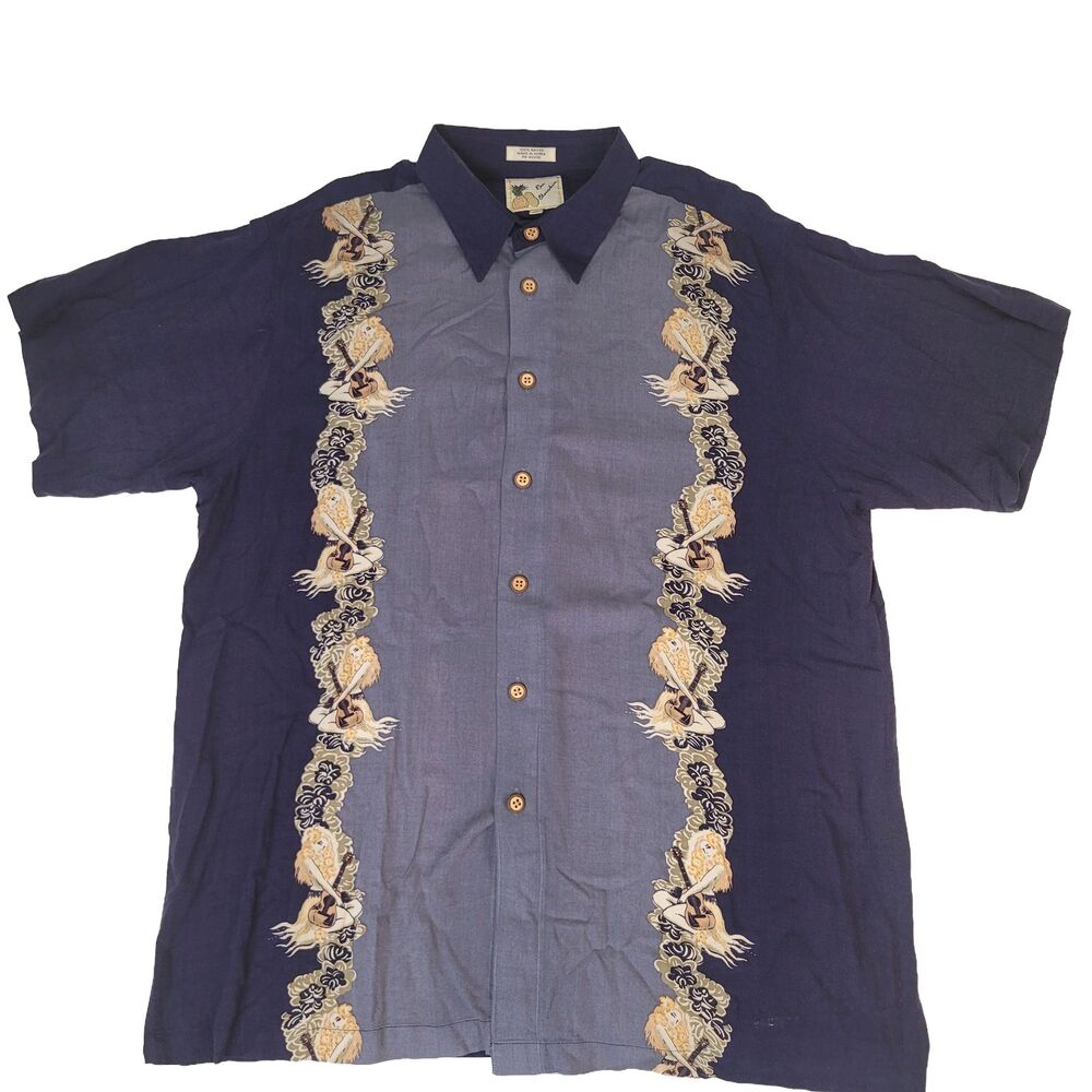 Vintage Ron Chereskin Hawaiian Shirt Mens XL Blue Hula Girl Rayon Camp Aloha